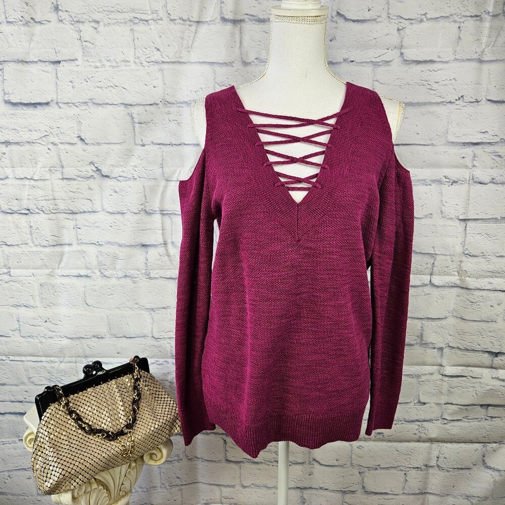 NWT Express Size XS Fuchsia Pink Cold Shoulder Laced Neckline Reversible Sweater